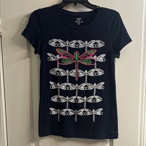 Crown & Ivy Navy Tee with Pink and Green Dragonfly Pattern